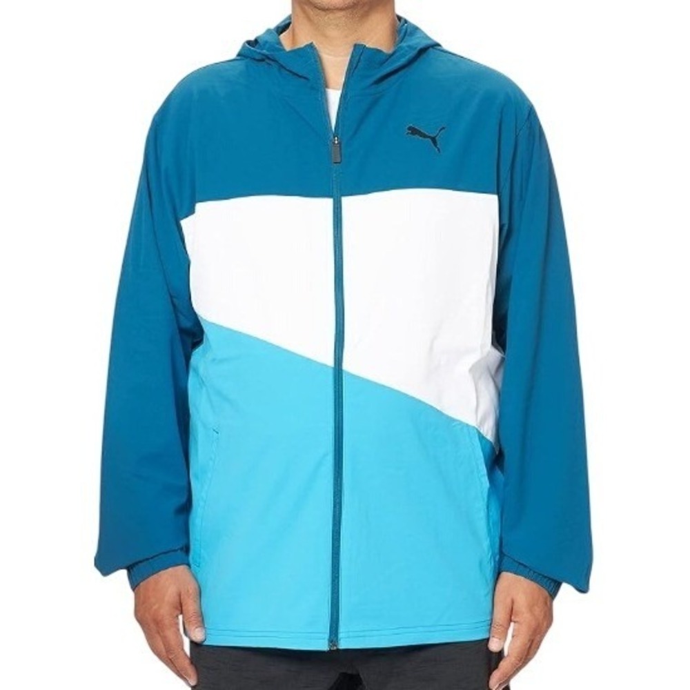 Puma Men Training Windbreaker Hoodie XL Blue White Teal Colorblock Athlete Sport